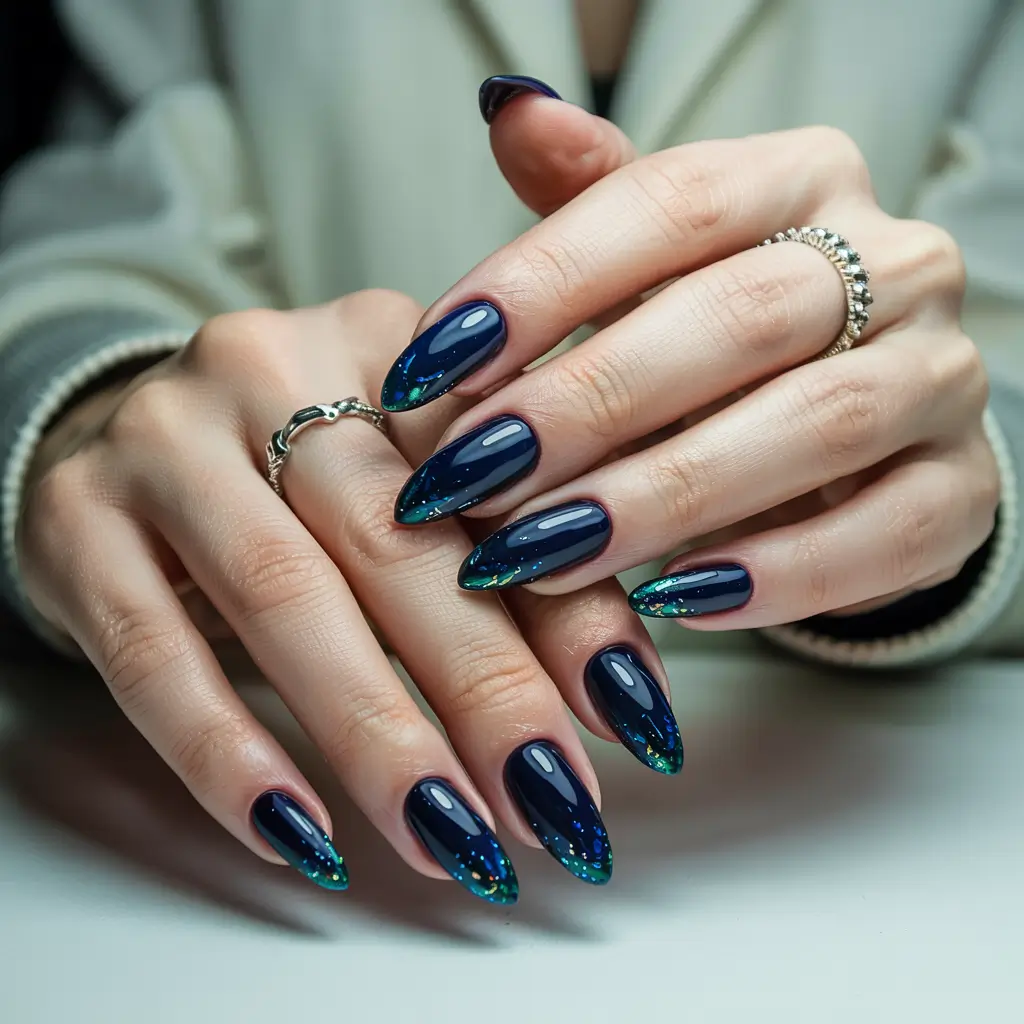 winter nails inspo 2025 Midnight Blue Magic with Glitter Tips