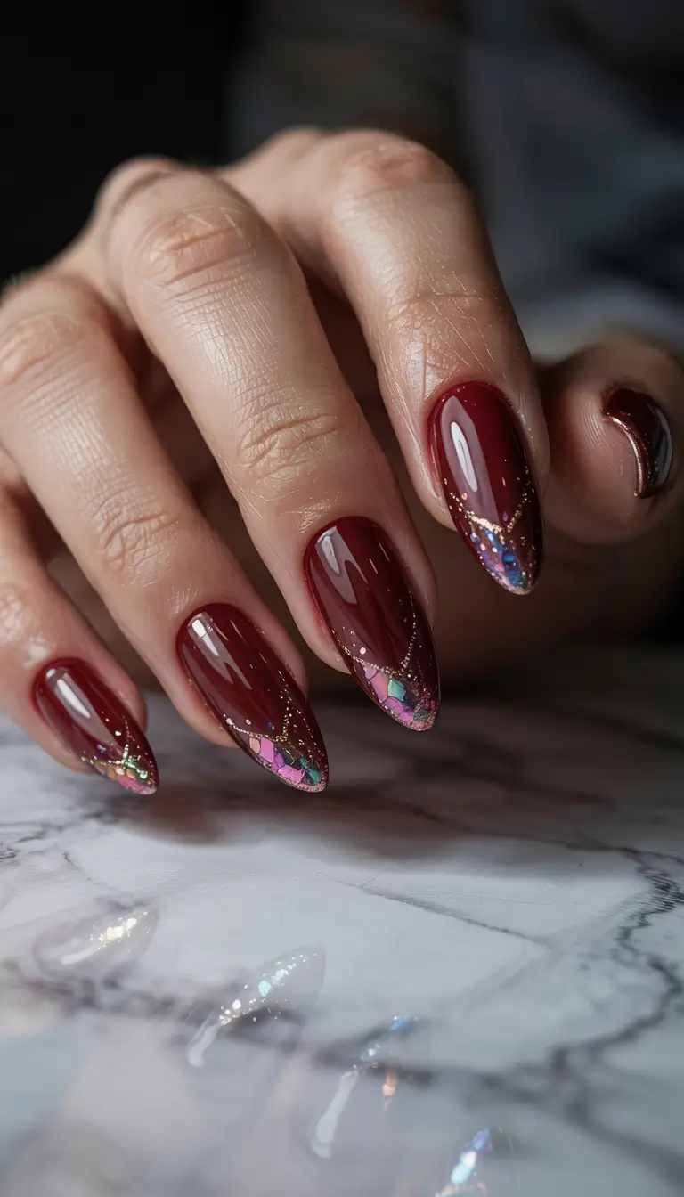 winter nails inspo 2025 Garnet Glamour with Iridescent Detailing
