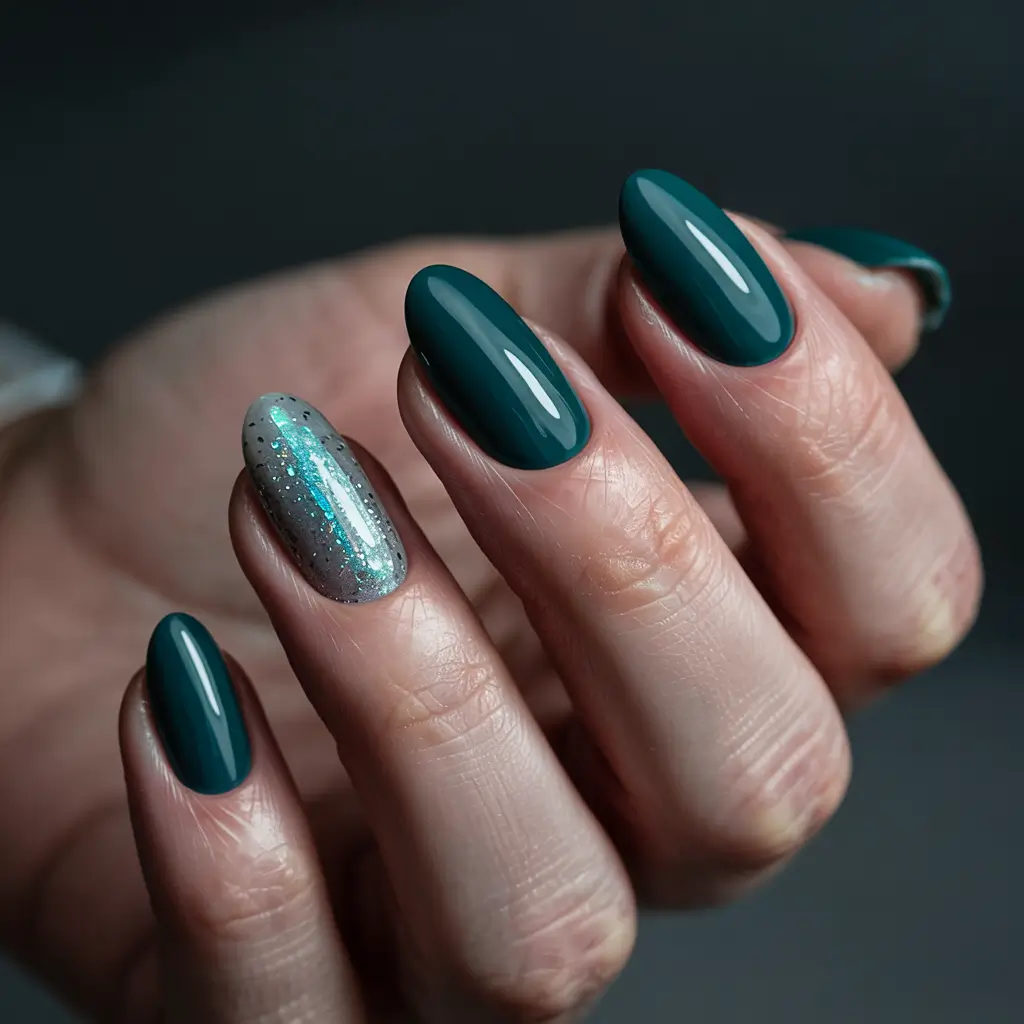 winter nails inspo 2025 Emerald Velvet with Silver Accent