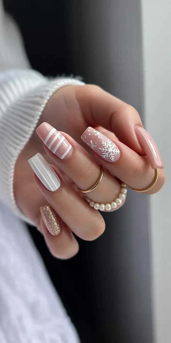 white christmas nails coffin Candy Snow Glam