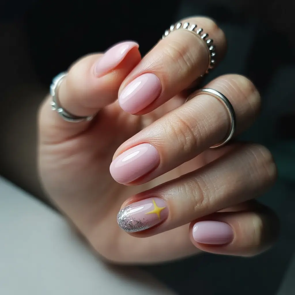 white christmas nails short Soft Pink Glow with a Silver Holiday Twist