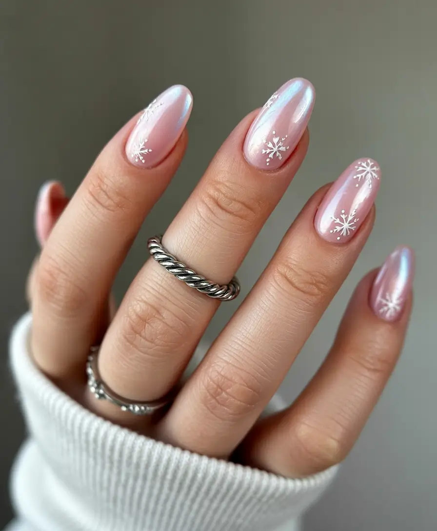 white christmas nails almond Frosted Pink Snowflakes