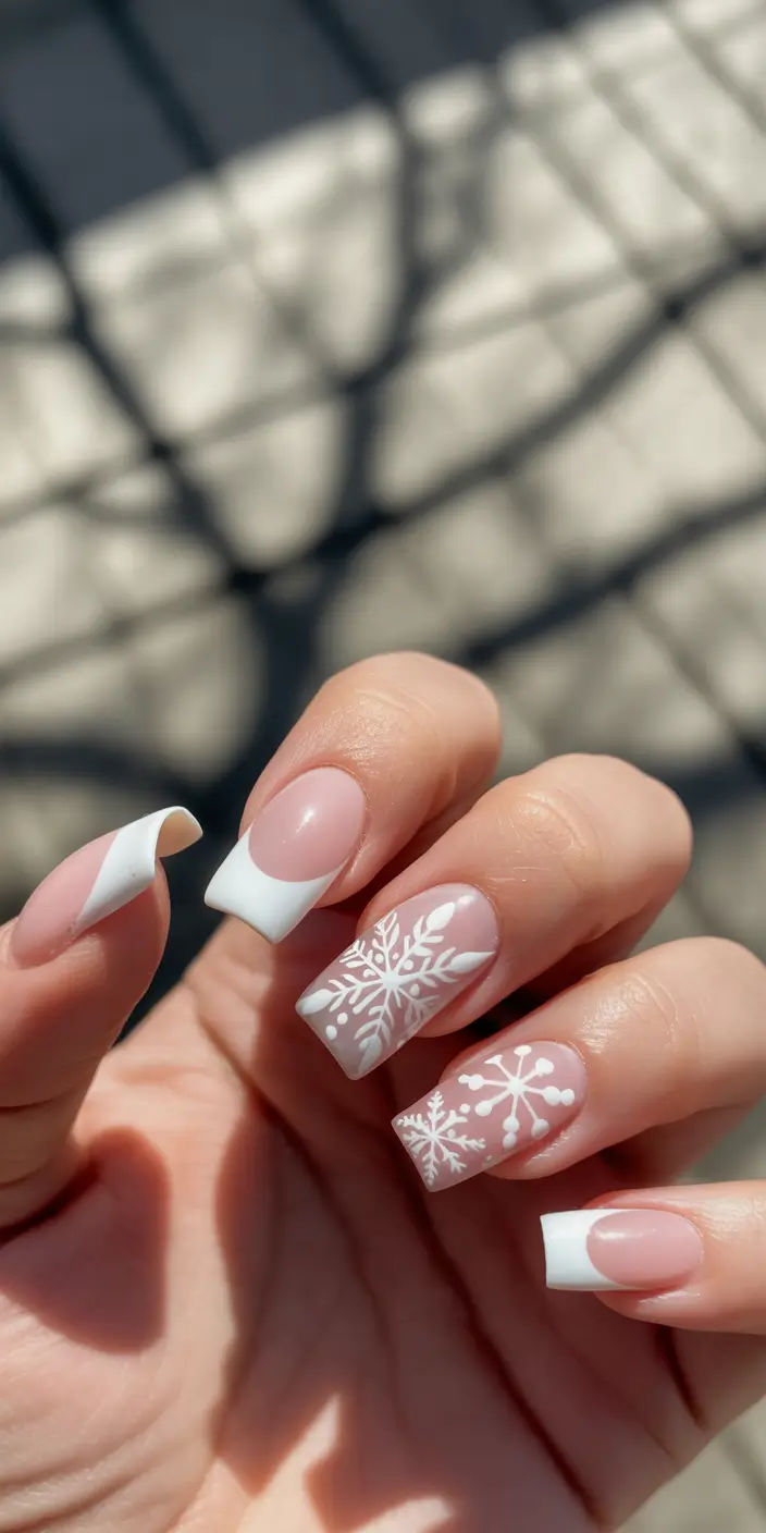 white christmas nails square Classic French with a Winter Kiss