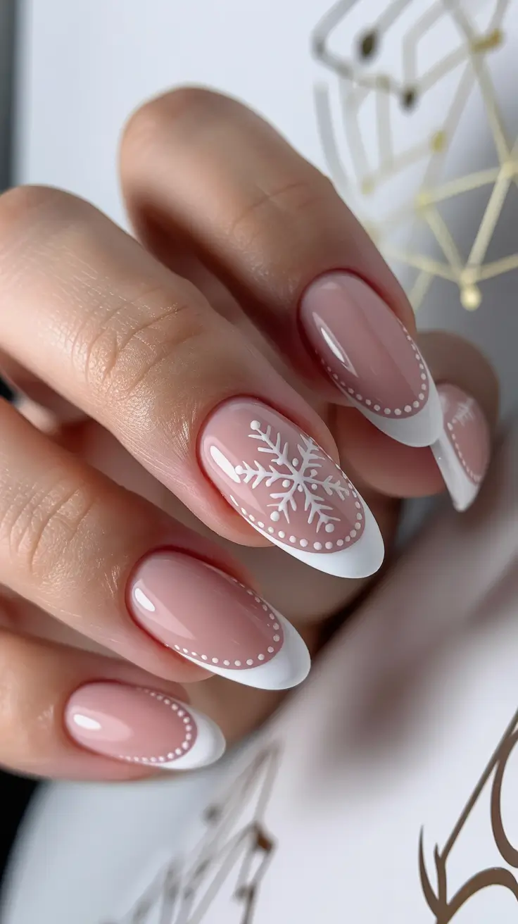 white christmas nails almond Elegant Frost French with Snowflake Detail
