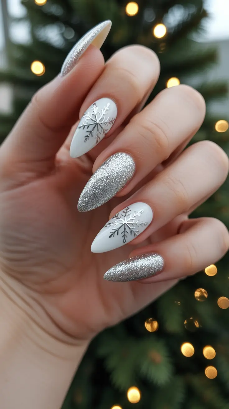 white christmas nails snowflakes Frosted Silver Snowflakes