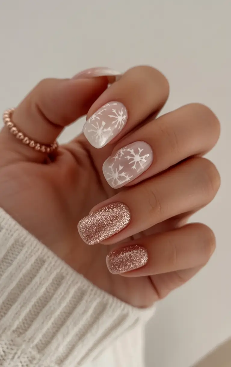 white christmas nails square Golden Flurries
