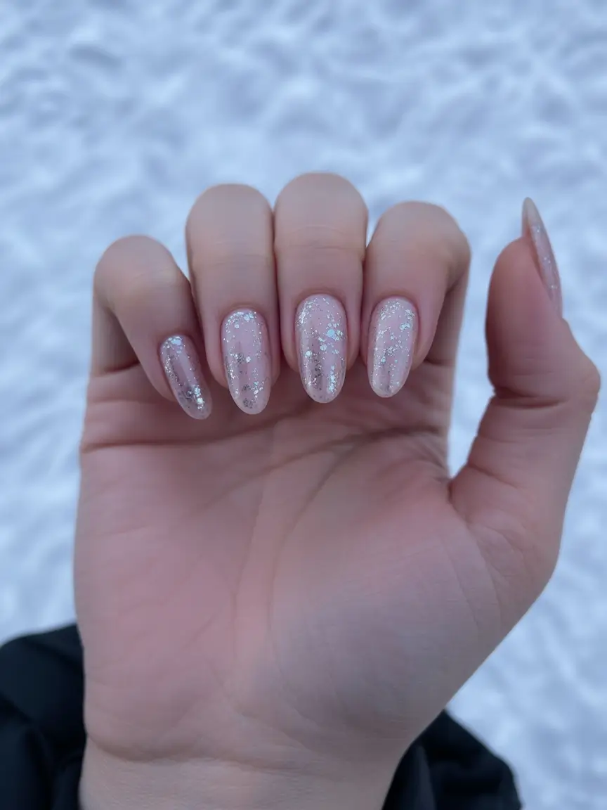 white christmas nails almond Crystal Frost Glow