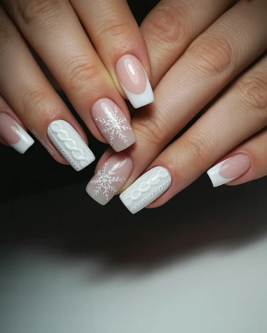 white christmas nails square Snowflake Sweater French