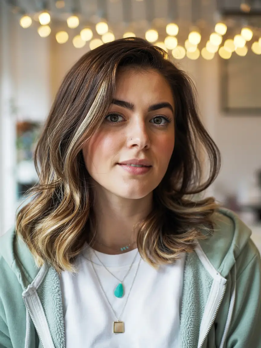 cute winter hairstyles for medium hair Soft Balayage Waves with Natural Volume
