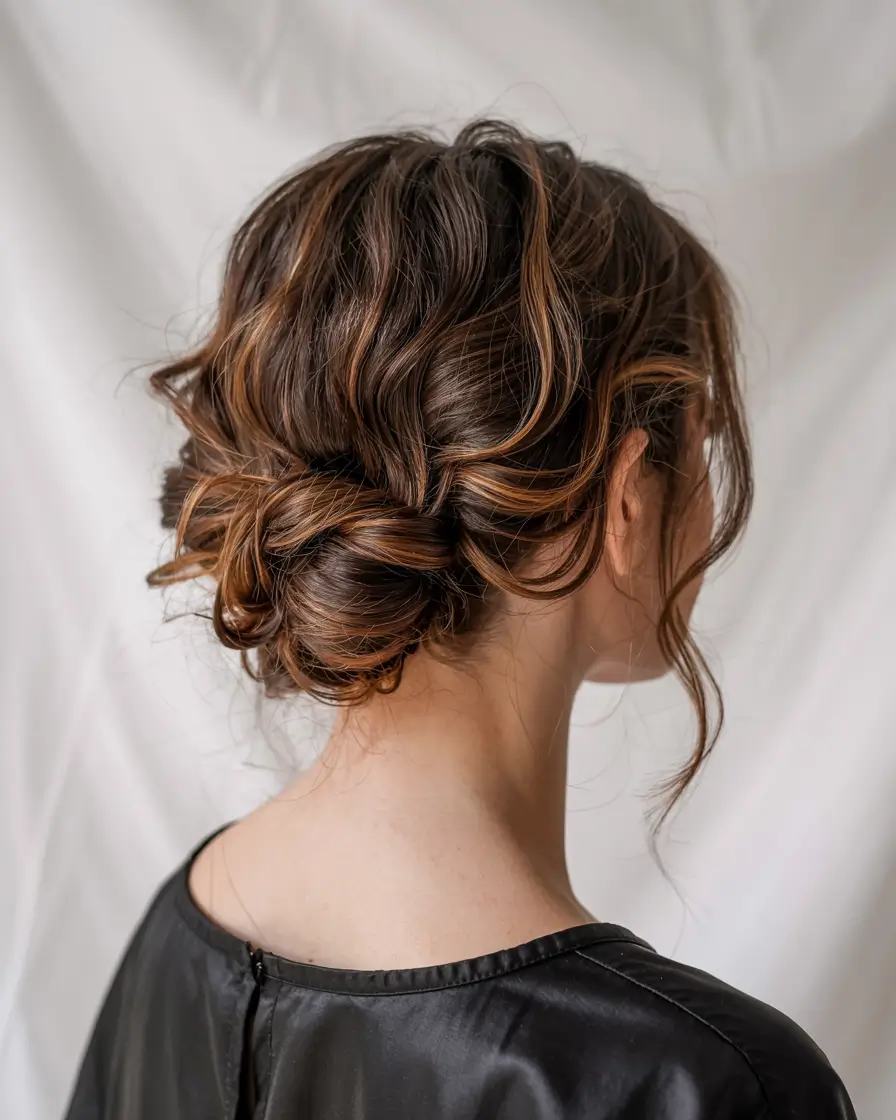 cute winter hairstyles for curly hair Romantic Twisted Updo with Warm Highlights