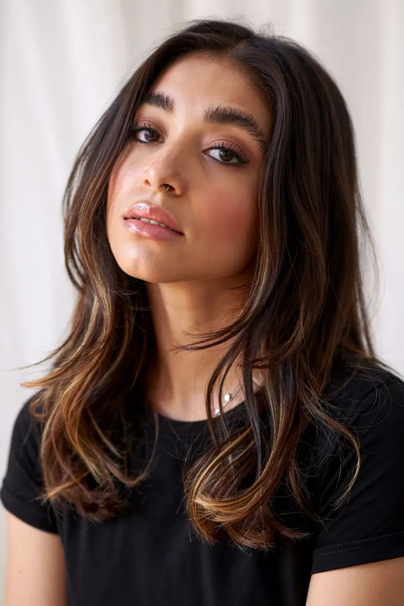 cute winter hairstyles Face-Framing Layers with Caramel Lights