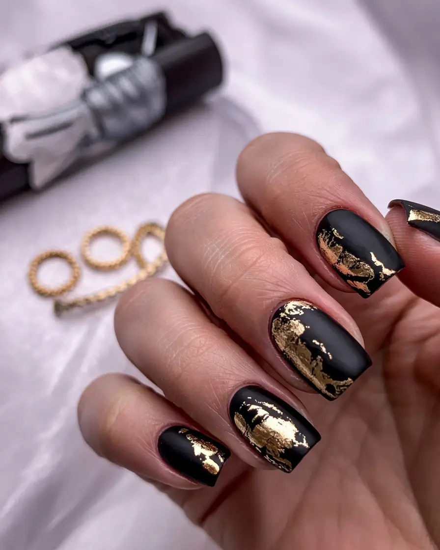 dark winter nail colors 2025 Black Gold Majesty
