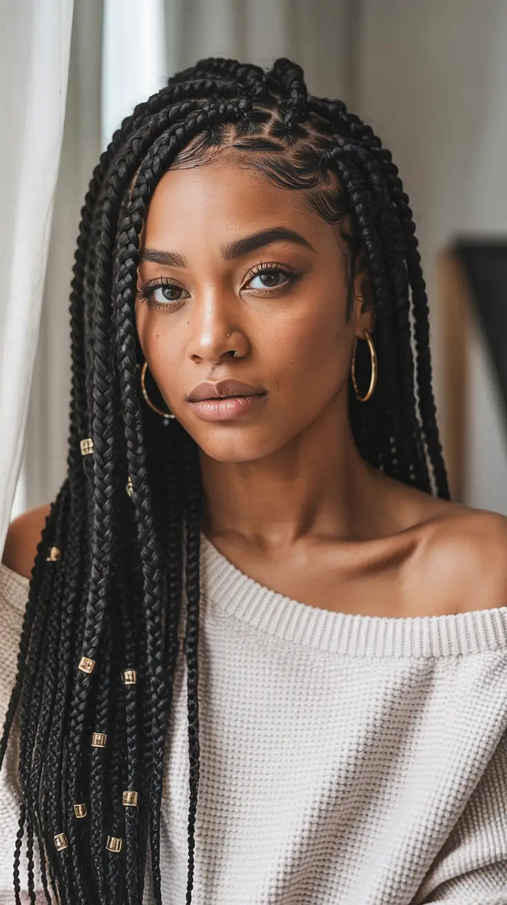 winter hairstyles for black women braids Classic Box Braids with Golden Beads