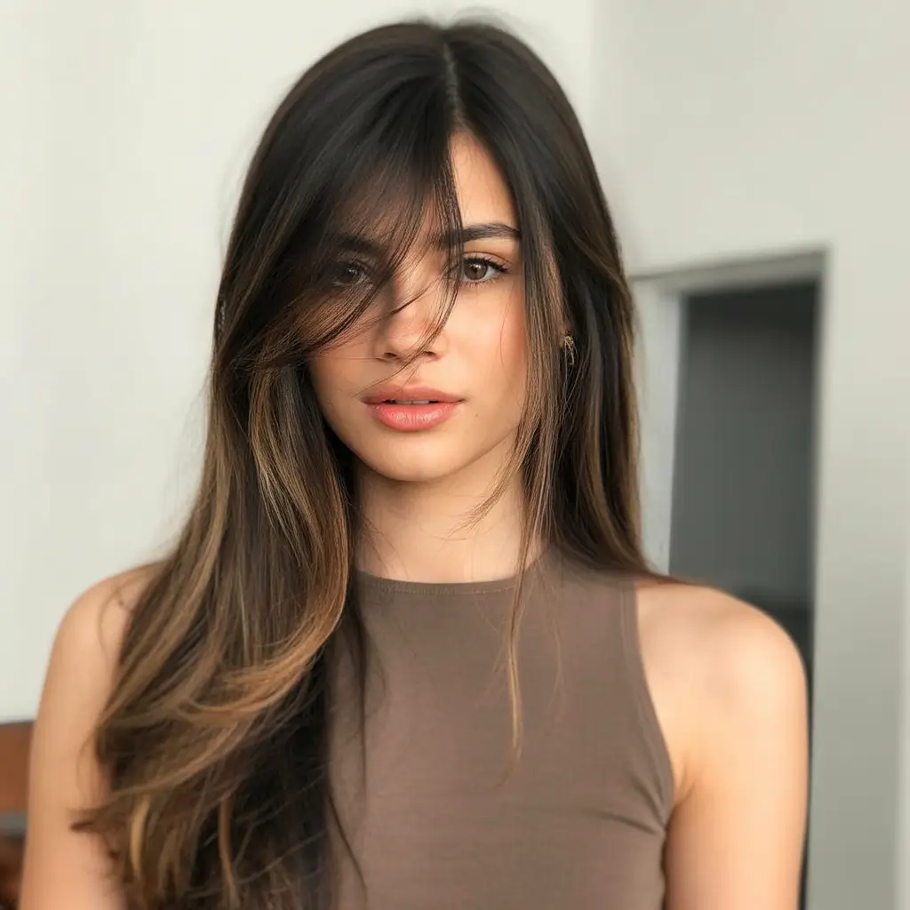 winter medium haircuts 2025 - 2026 Soft Layered Brunette with Curtain Bangs