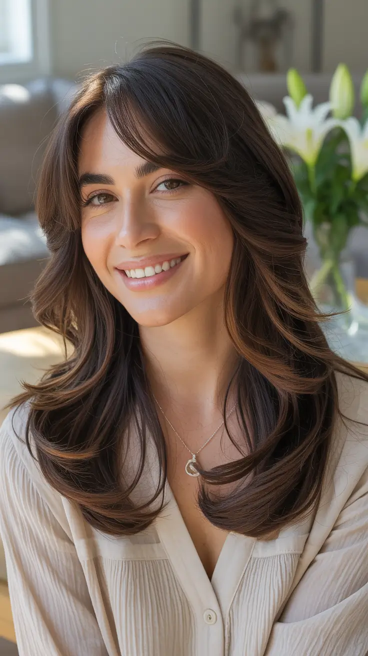 winter medium haircuts 2025 - 2026 Chestnut Blowout Layers