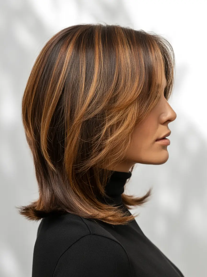 winter medium haircuts 2025 - 2026 Golden Chestnut Layers with Dimension