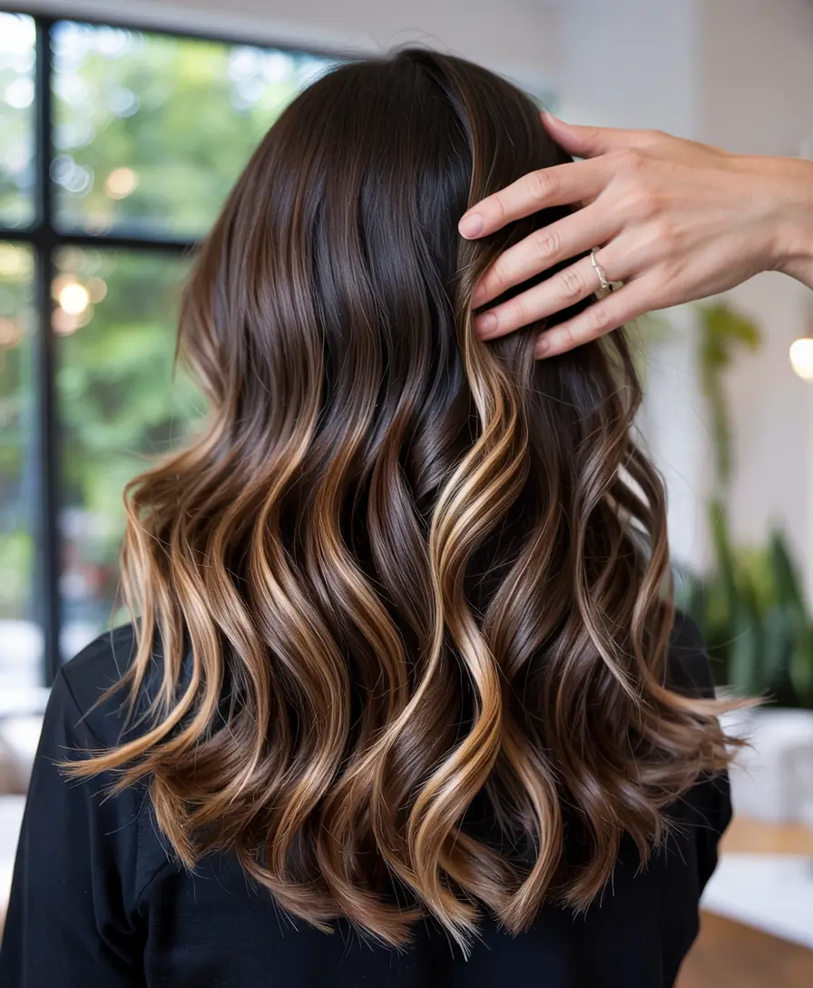 trending hair colors for winter 2025 Caramel Ribbon Balayage