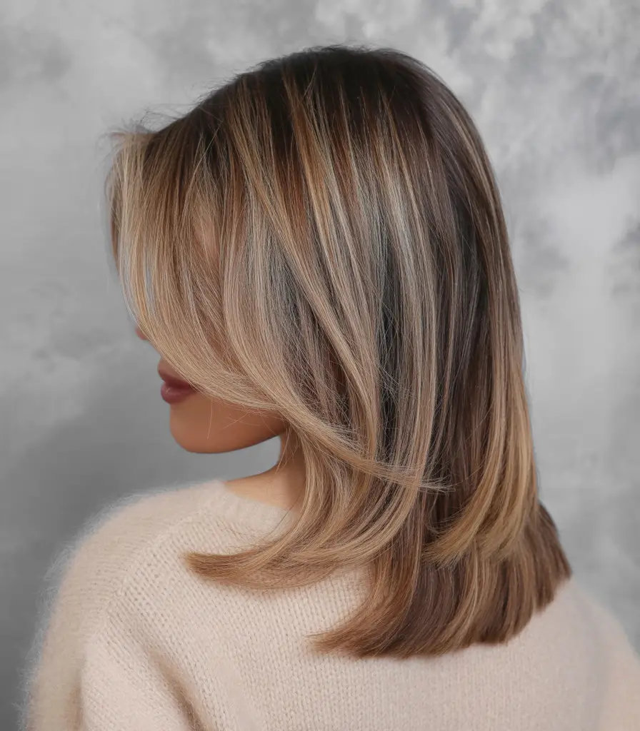 trending hair colors winter 2025 Caramel Ribboned Lob
