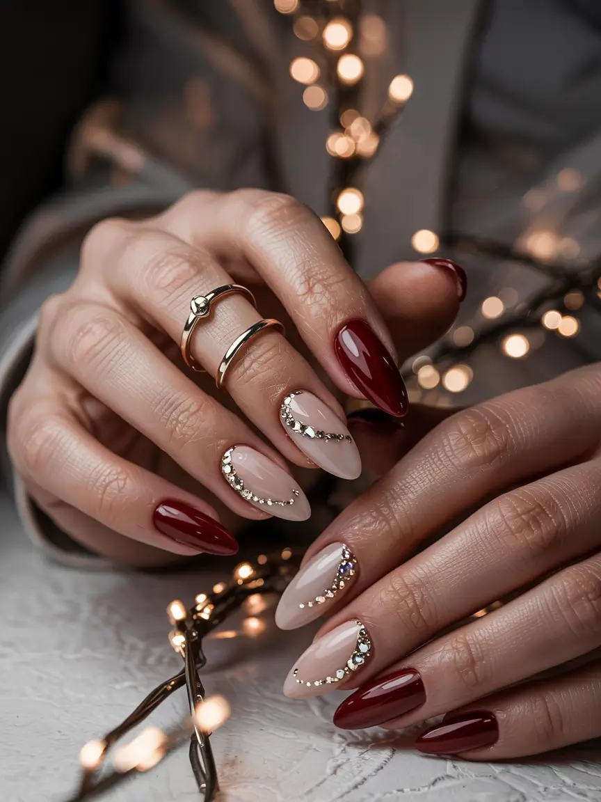 winter almond nails 2025-2026 Crimson Glow & Crystals