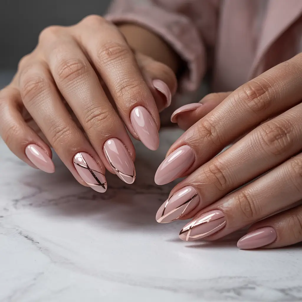 winter almond nails 2025-2026 Rose Gold Geometry