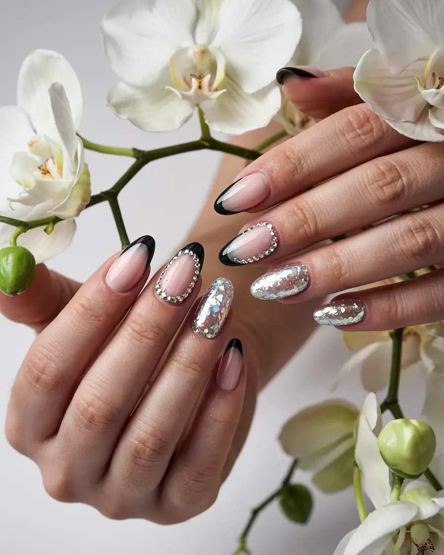 winter almond nails 2025-2026 Midnight Glam Accent