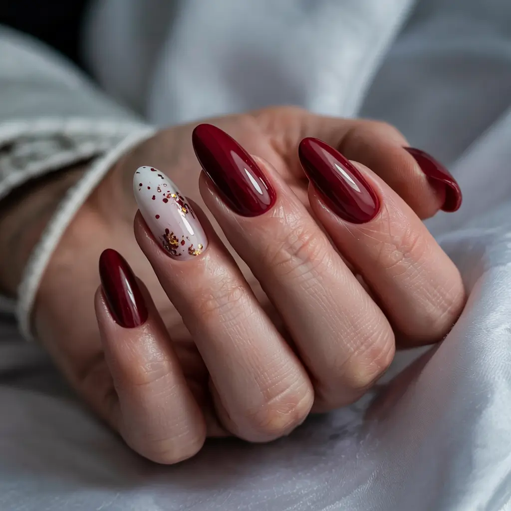 winter almond nails 2025-2026 Red & Gold Ember Touch