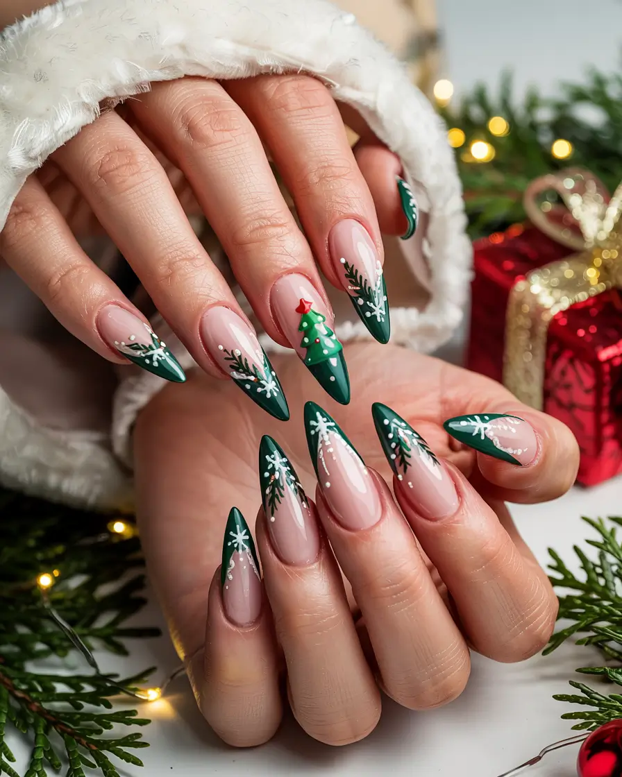 winter almond nails 2025-2026 Evergreen Christmas Charm