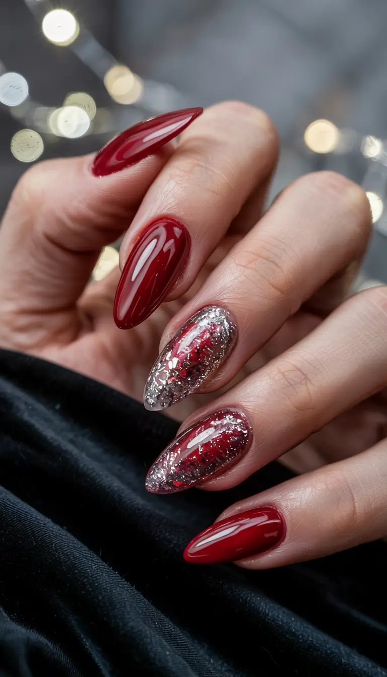 winter almond nails 2025-2026 Red Velvet & Silver Fire