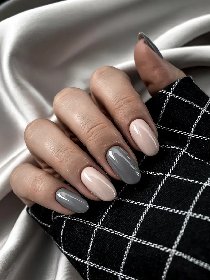 winter color nails gel 2025 Muted Elegance Grey Meets Nude Harmony