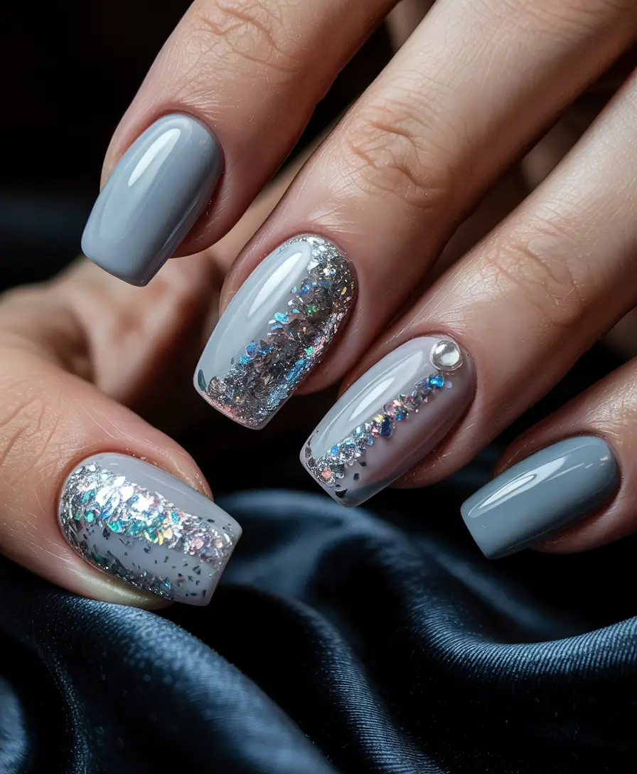 winter color nails acrylic simple Frosted Sparkle Silver Glitter Lines