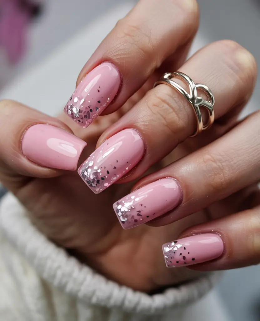 winter color nails 2025-2026 Frosted Pink Glitter Fade