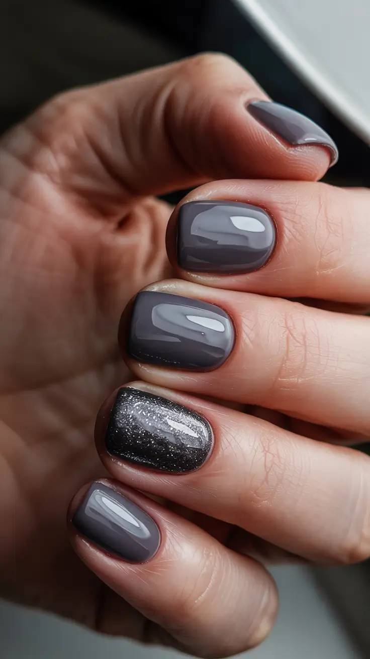 winter color nails short Graphite Shimmer & Stormy Gloss
