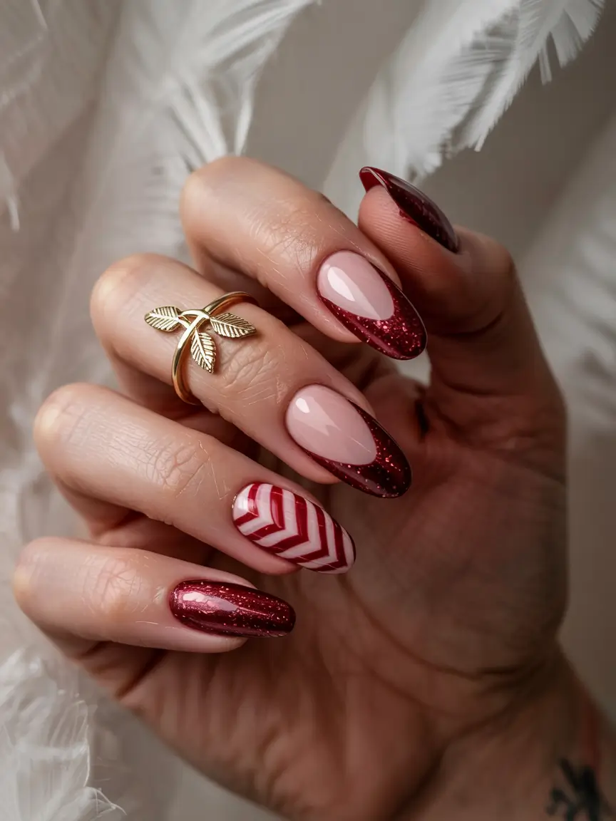 winter gel nails ideas short almond Crimson Candy Twist