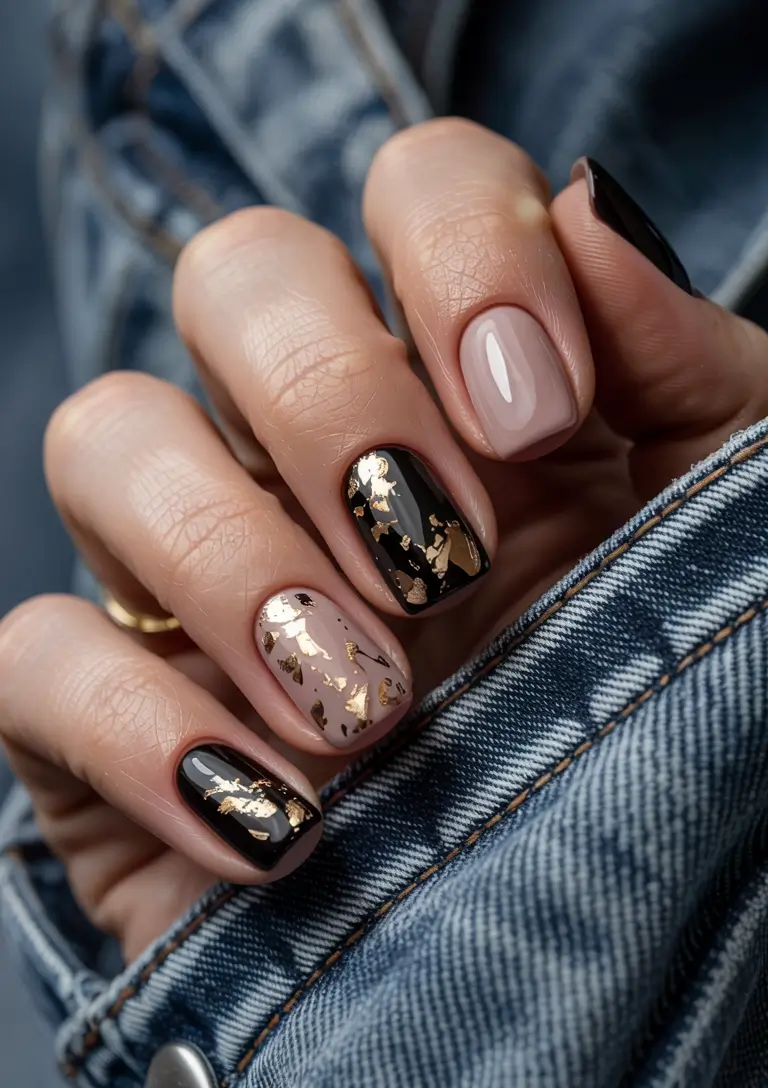 winter gel nails colors 2025 Golden Noir Chic