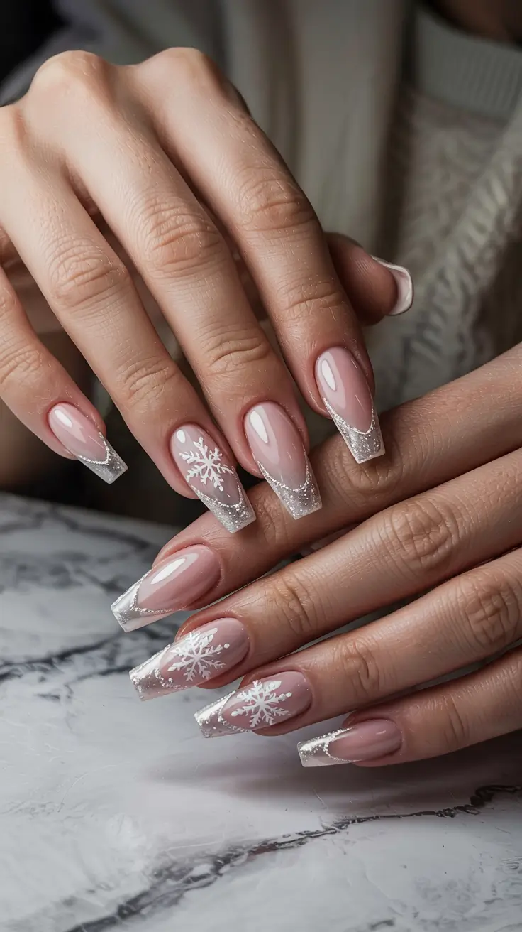 winter gel nails ideas Snowflake French Elegance