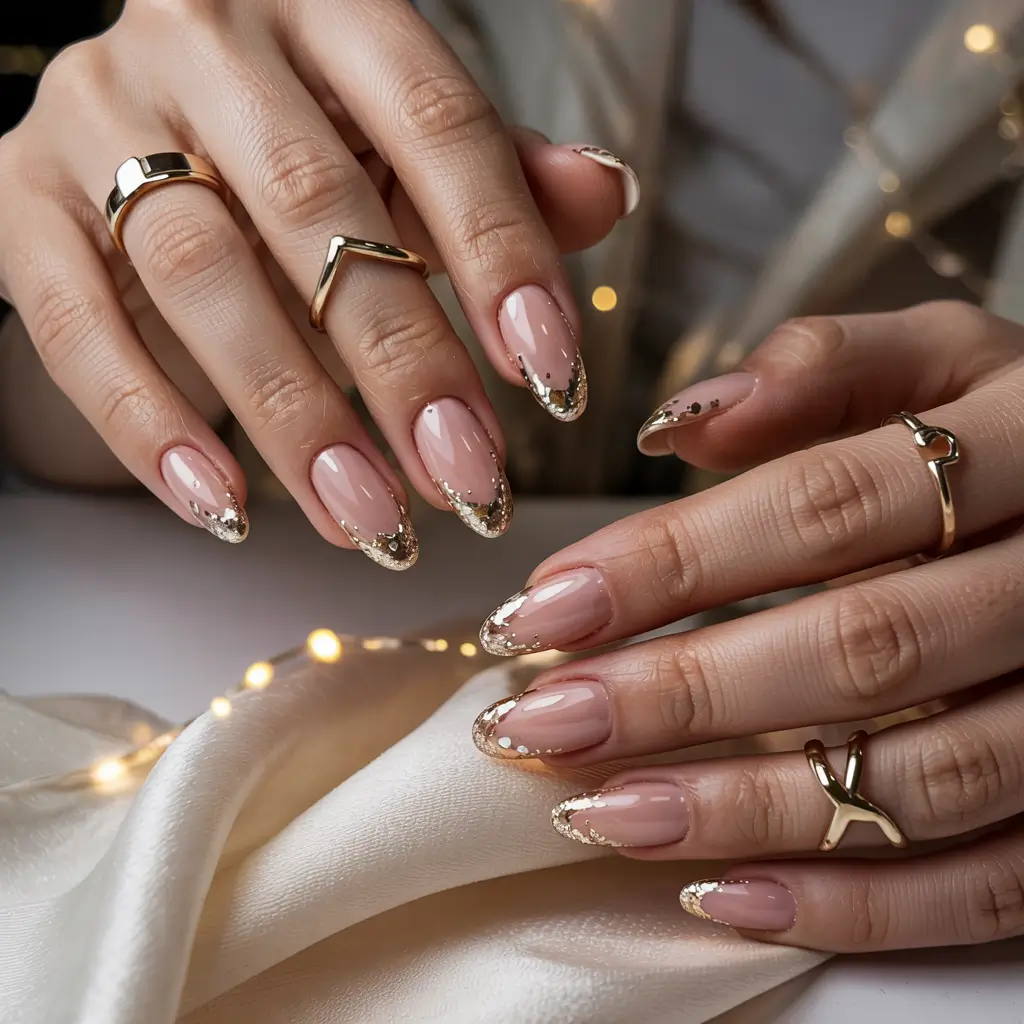 winter gel nails ideas short almond Golden Champagne Tips