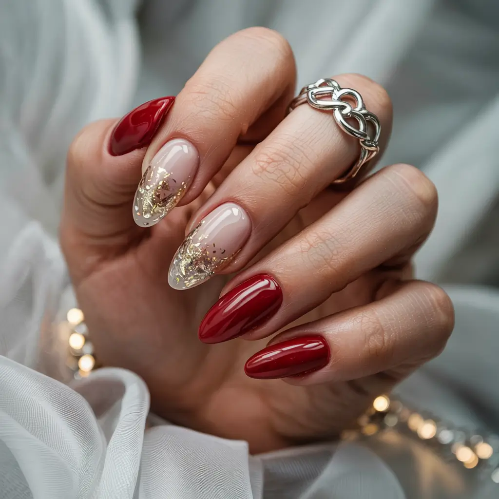 winter gel nails red Golden Ember Elegance