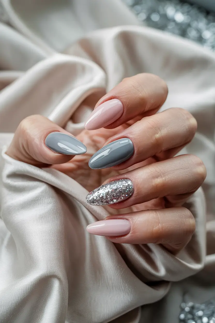 winter gel nails ideas short almond Soft Gray and Pink Symphony