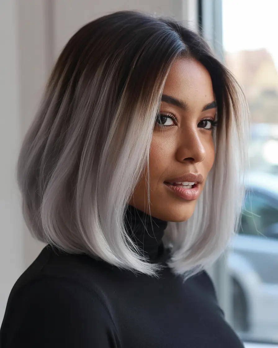winter hair colors for black women Frosted Silver Bob Glow