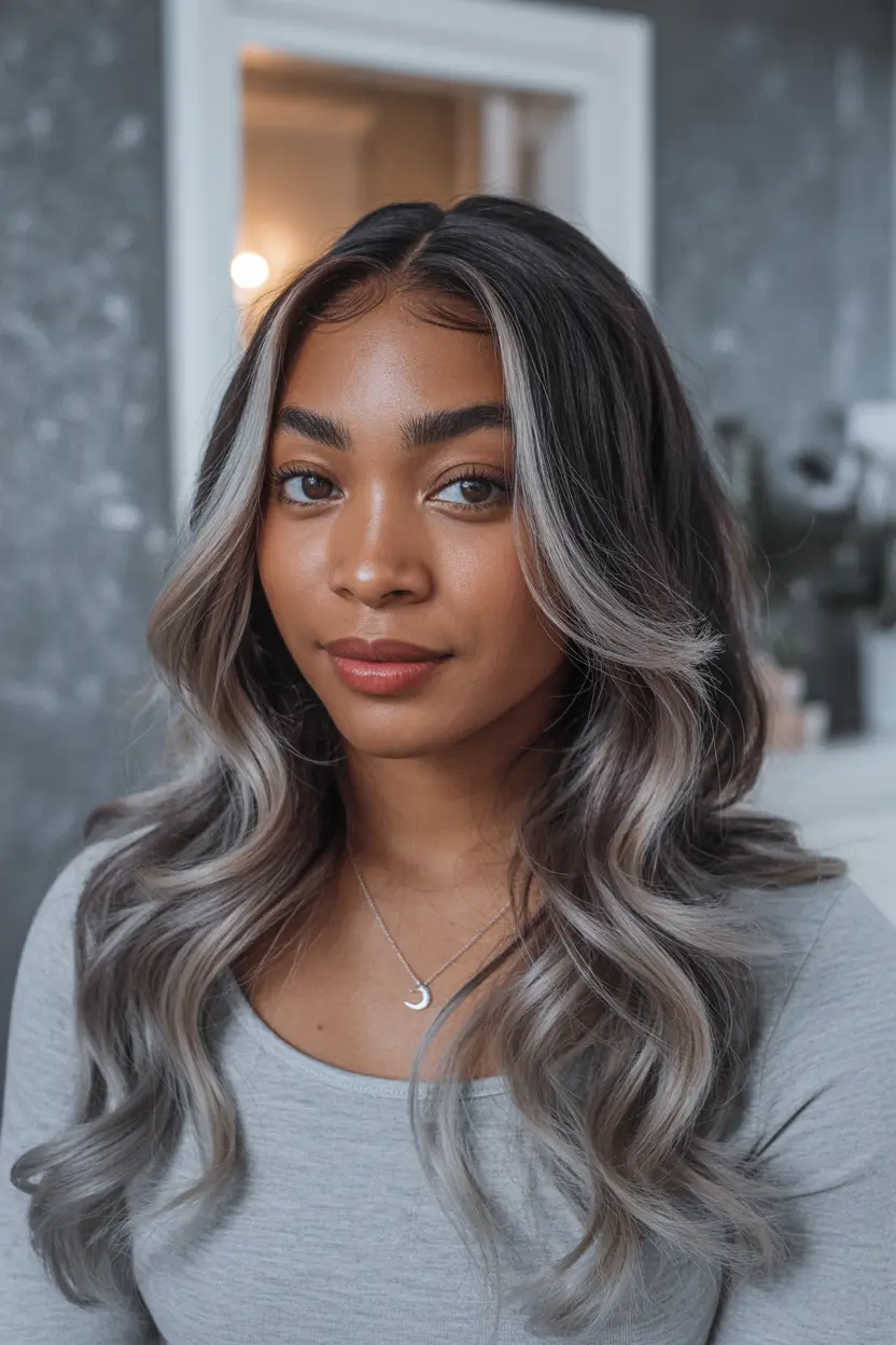 winter hair colors for black women Smoky Silver with Dark Roots