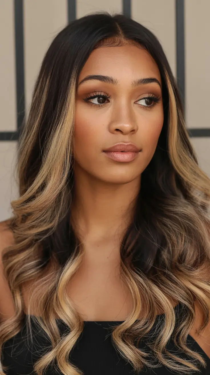 winter hair colors for black women Warm Honey Highlights with Dark Chocolate Base