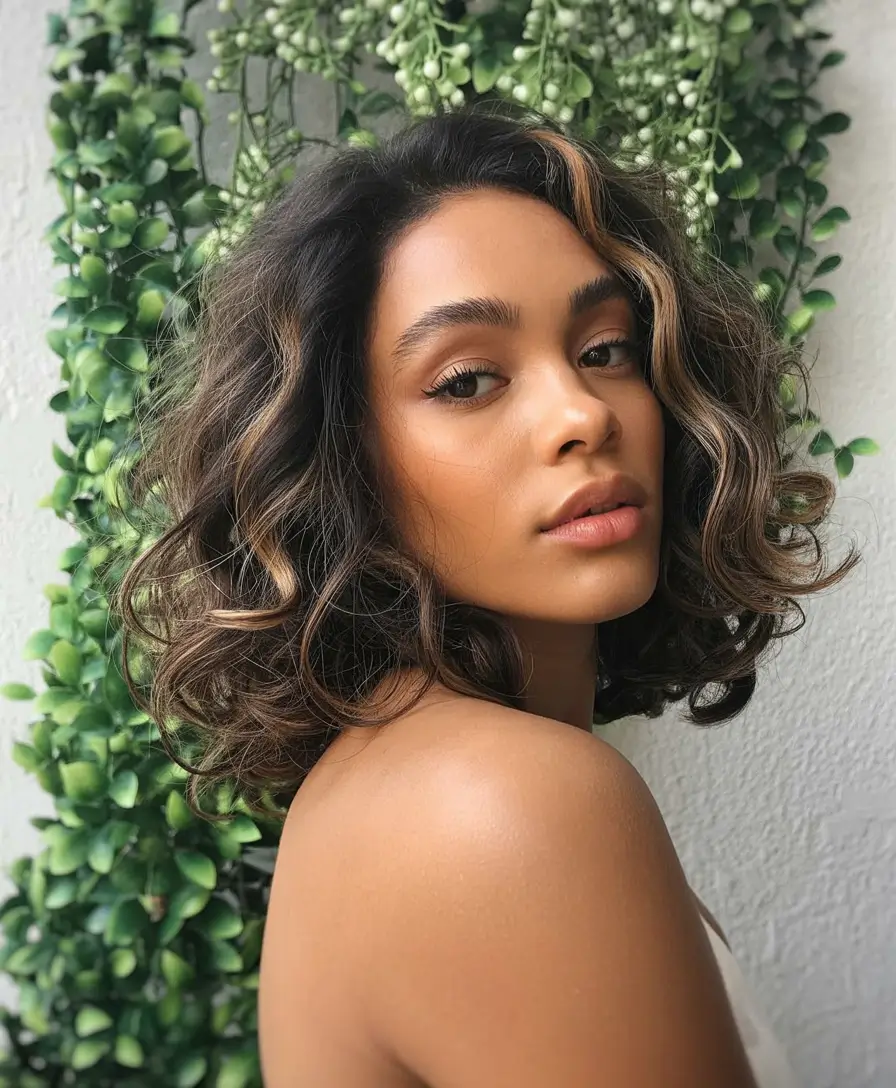 winter hair colors for black women Soft Mocha Curls with Face-Framing Highlights