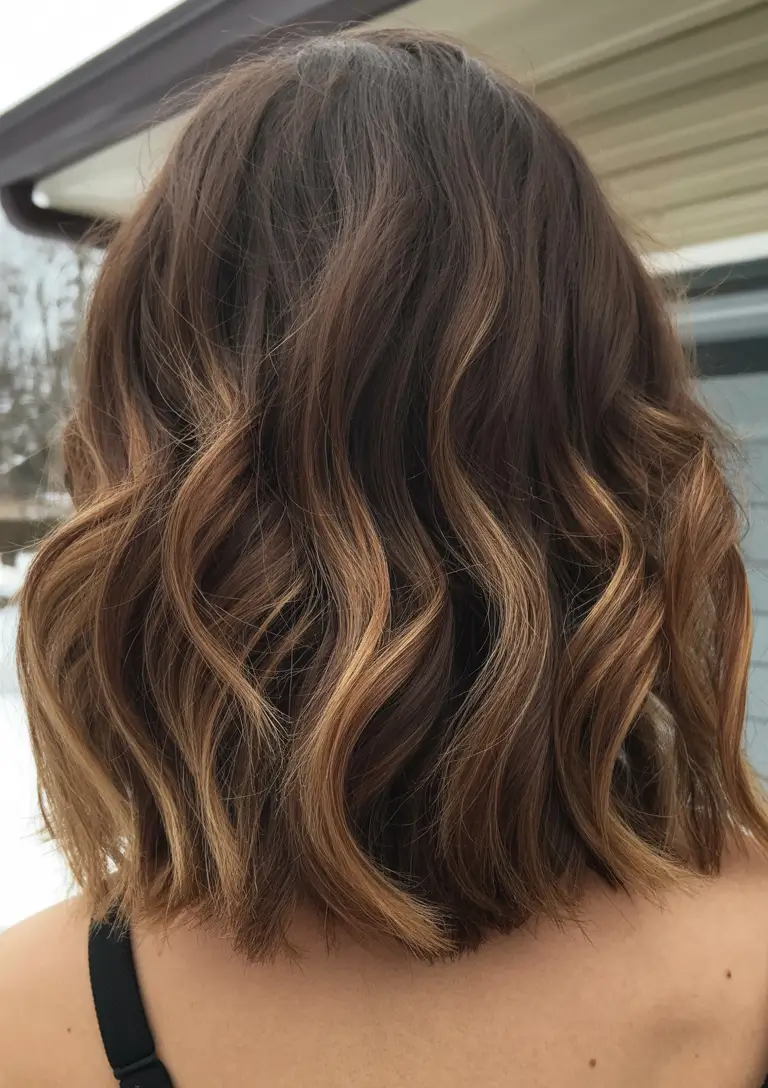 hair colors for brown hair curly Short Brunette Waves with Caramel Touches