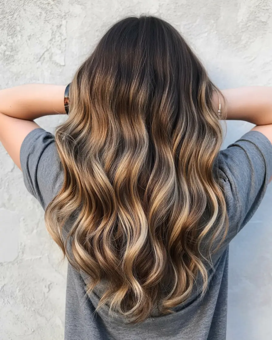 winter hair colors balayage ideas 2025 - 2026 Caramel Ribbon Brunette
