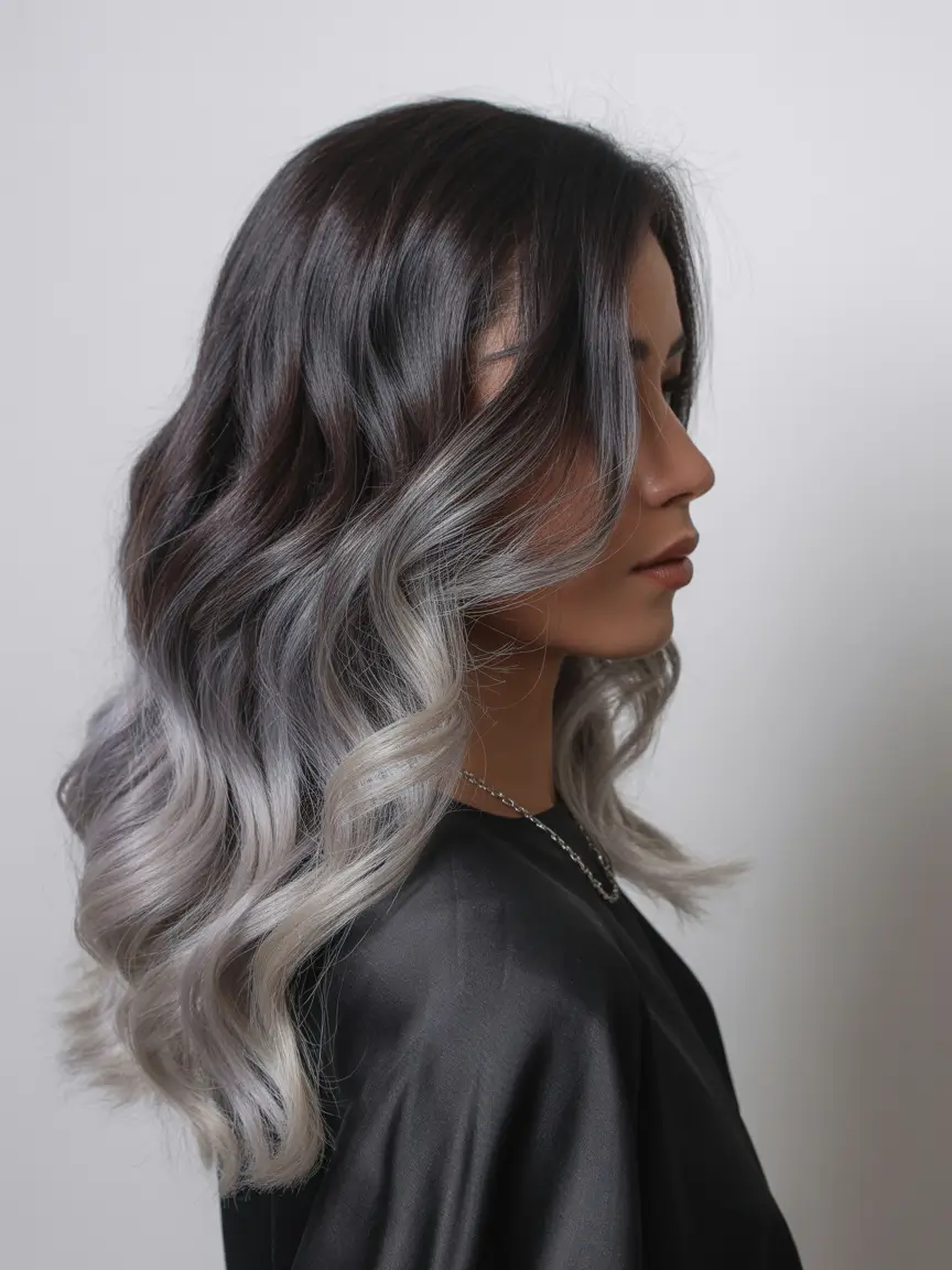 winter hair colors balayage ideas 2025 - 2026 Silver Ash Ombre Waves