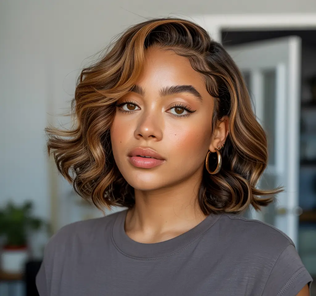winter hair colors dark skin black women Honey Caramel Waves in a Chic Bob