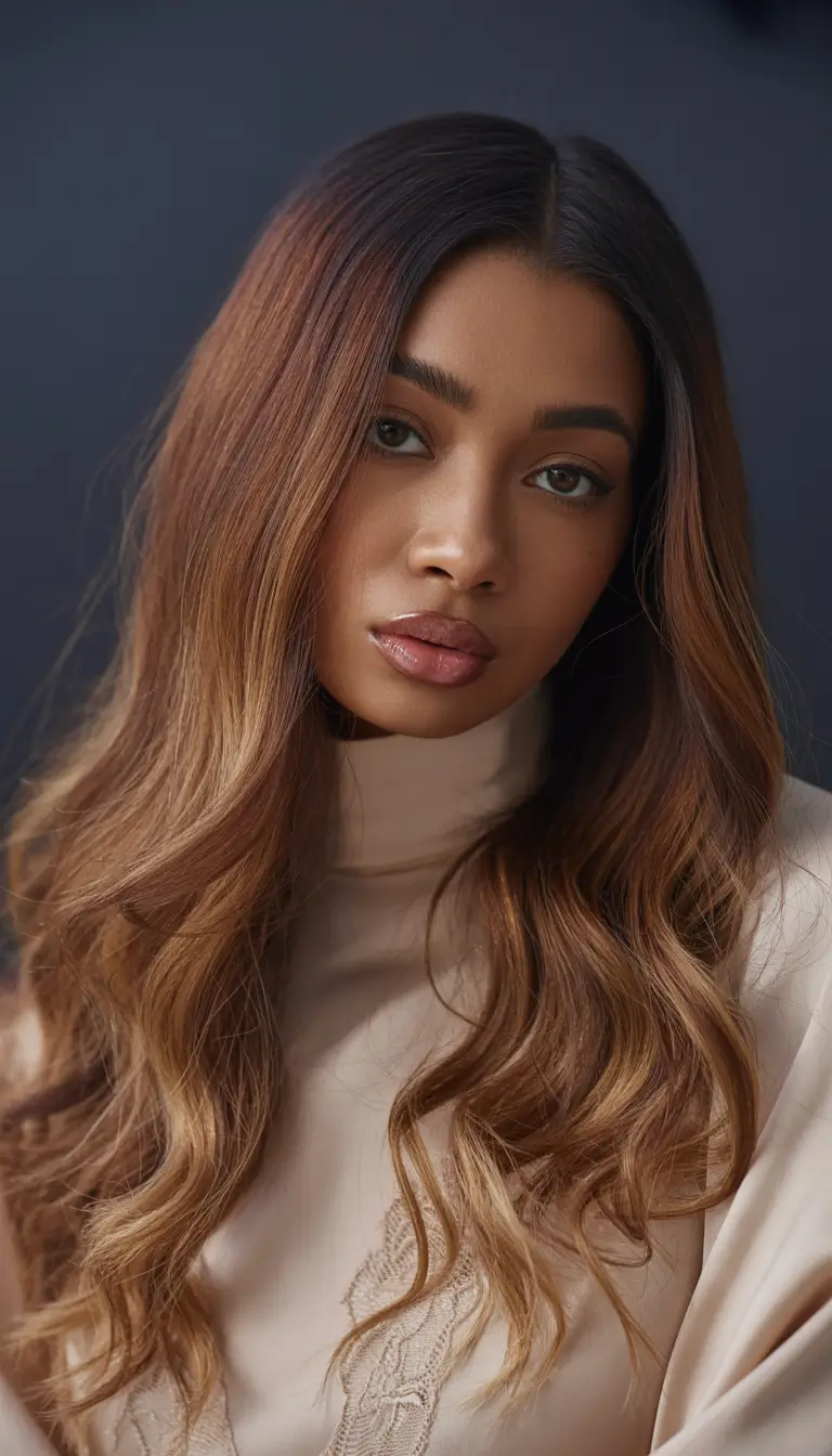 winter hair colors dark skin ideas 2025 2026 Warm Honey Brown Waves