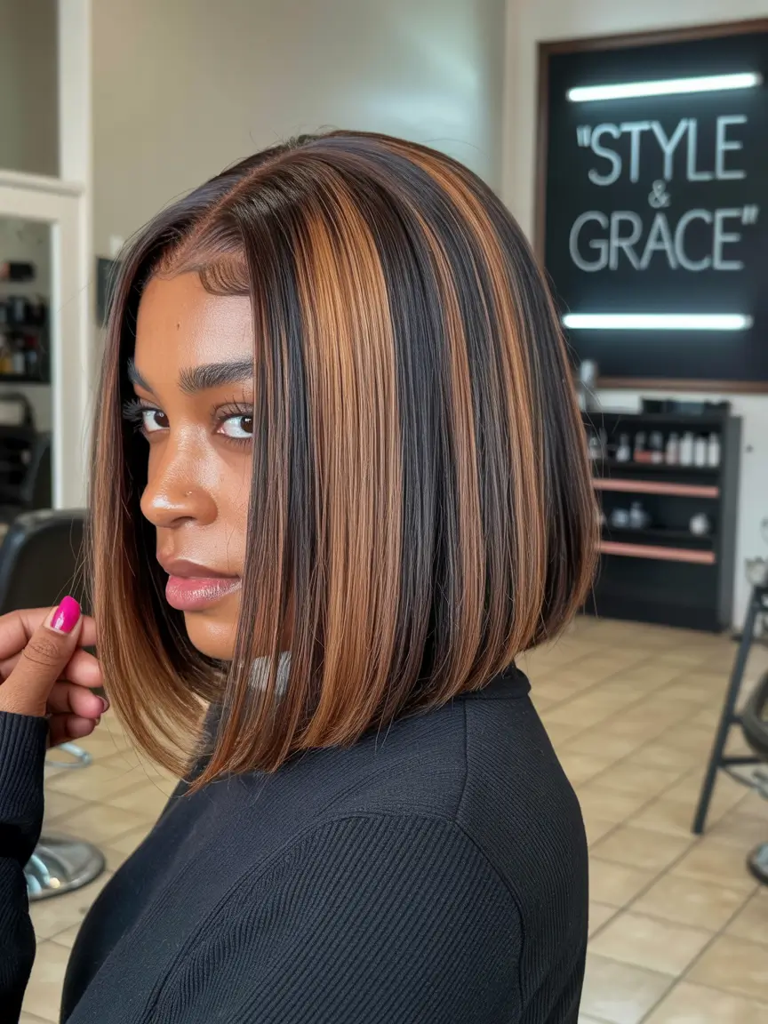 winter hair colors dark skin ideas 2025 2026 Chic Chocolate Bob with Copper Streaks