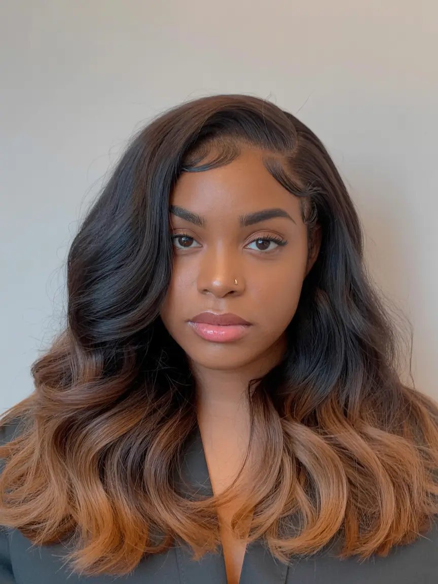 winter hair colors dark skin ideas 2025 2026 Soft Auburn Ombre Glow