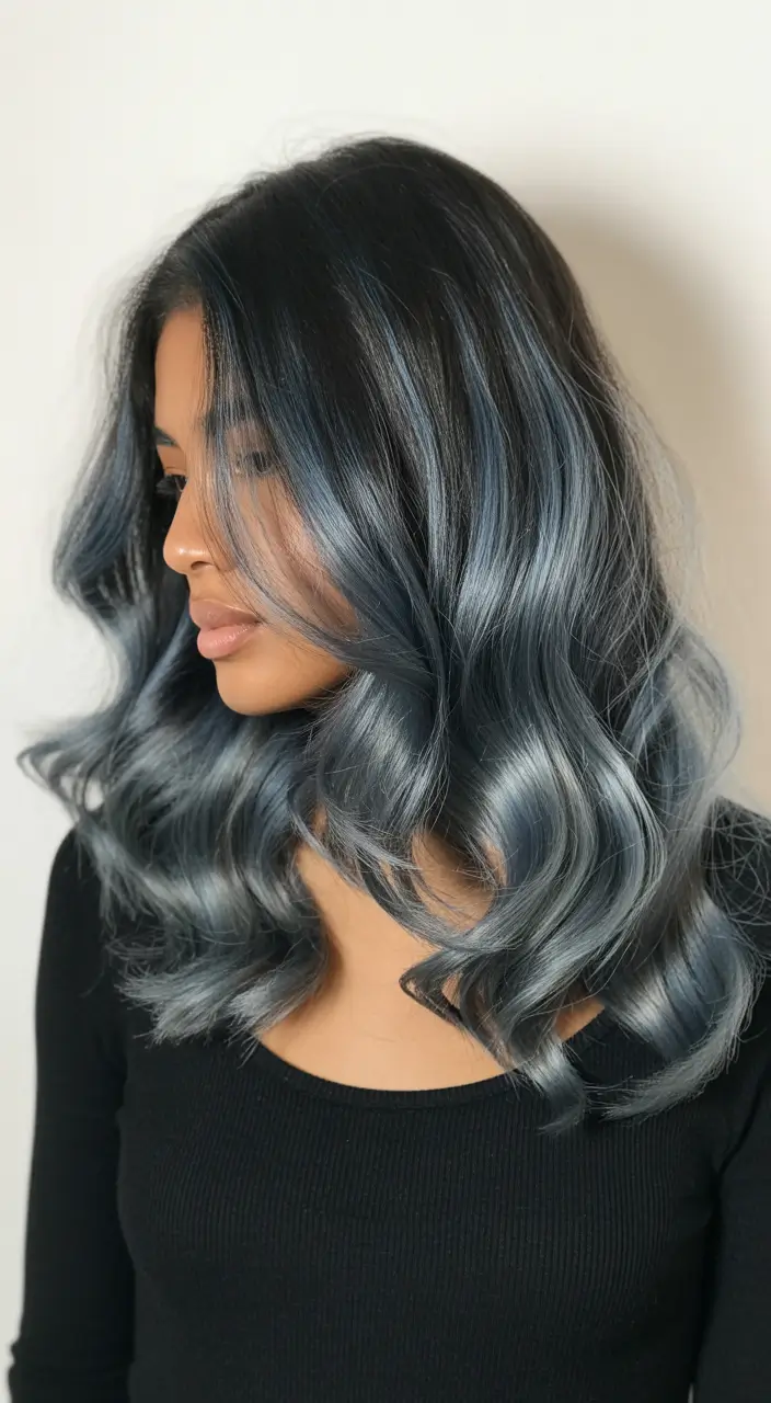 winter hair colors dark skin ideas 2025 2026 Smoky Midnight Blue Waves